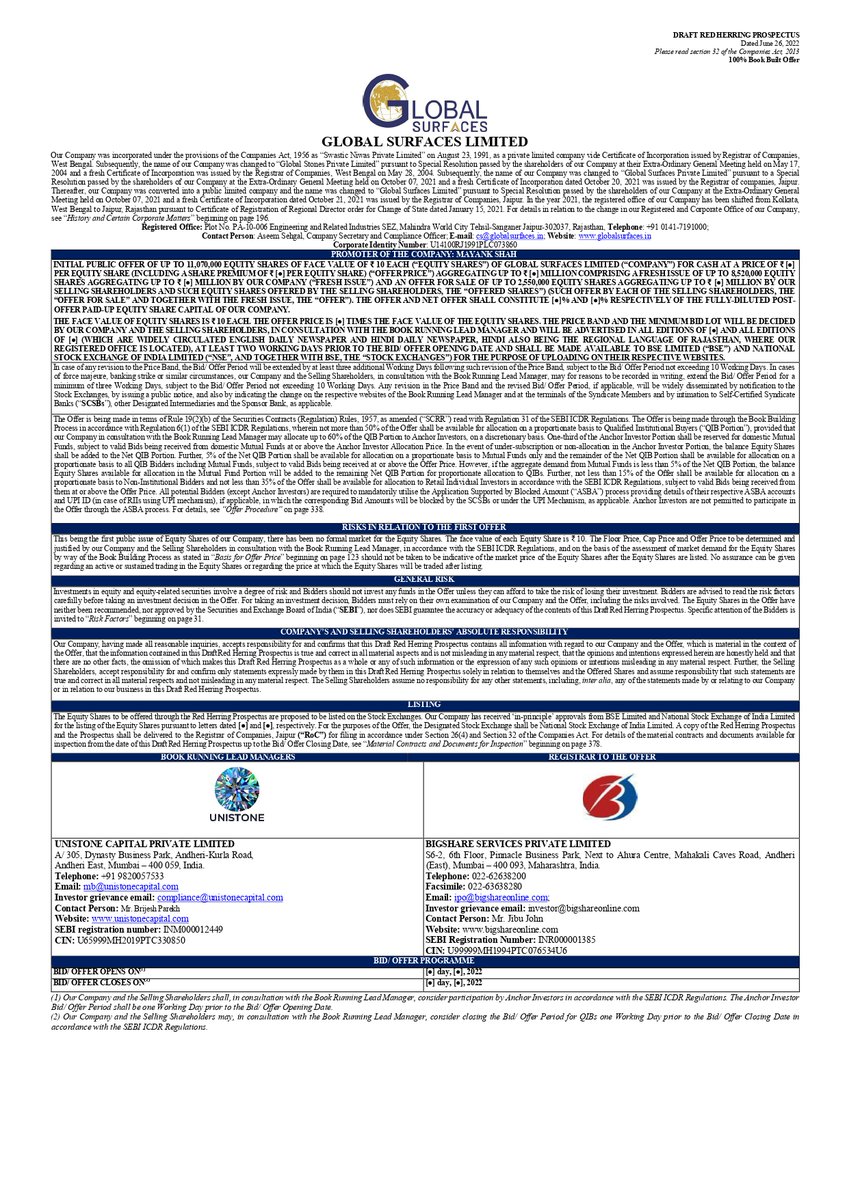 ipo_in's tweet photo. 🚨BREAKING News🚨
Global Surfaces Limited file DRHP with SEBI
FV : ₹10
Fresh : 8,520,000 Shares
OFS : 2,550,000 Shares
Retail : 35%
#IPO #IPOKing #IPOAlert #IPOTracker #GlobalSurfacesIPO https://t.co/nHLiXlic9k