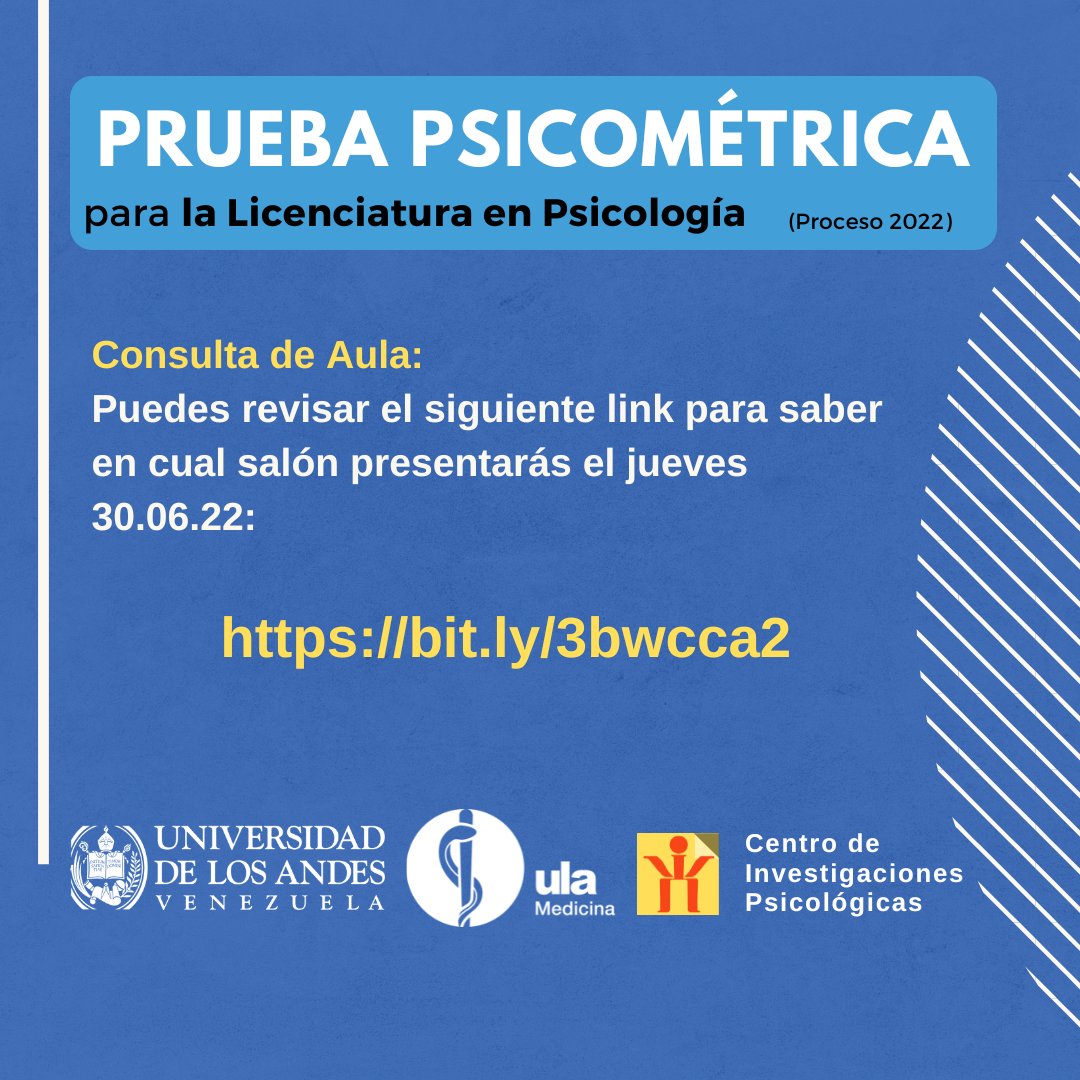 cip_ula's tweet photo. - Prueba Psicométrica para la Licenciatura en Psicología-
Consulta de Aula:
Puedes revisar el siguiente link para saber en cual salón presentarás el jueves 30.06.22:
https://t.co/k2XJyFcNLB https://t.co/KXVHq1L6oV
