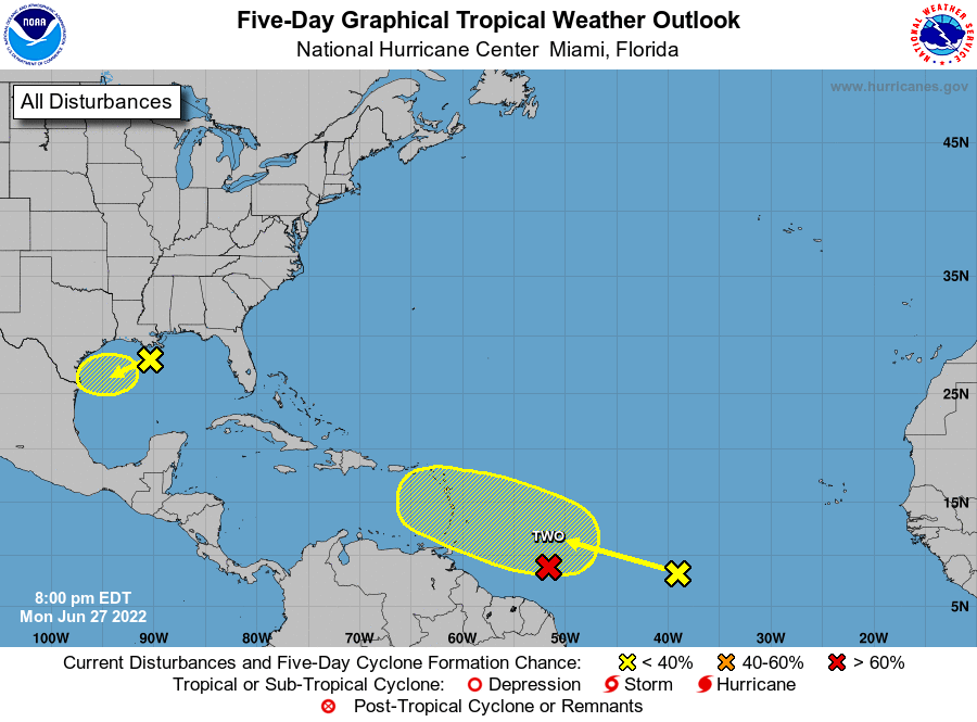 Monday evening NHC Tropical Update. Couple yellow spots still at 20%. PTC #2 heading west. spaghettimodels.com