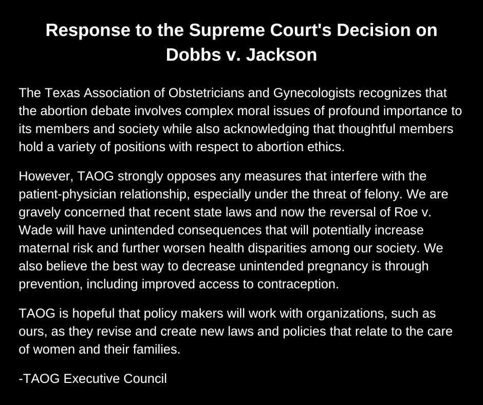 In response to the recent #SCOTUS decision, the Texas Association of Obstetricians and Gynecologists leadership shared this statement. #txlege #txwomenshealth