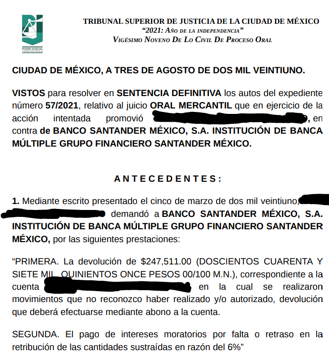 Pan17_9's tweet photo. Imagínense ser de la 3ra edad, que te bajen el dinero que ahorraste toda tu vida, ganar en juicio y que aún así @SantanderMx se niegue a pagar. 
(Anexo sentencia) 
#SantanderMexico #SantanderNoCumple 
@AristeguiOnline @PJCDMX @AztecaNoticias @ImagenTVMex https://t.co/vOYeHbunQt