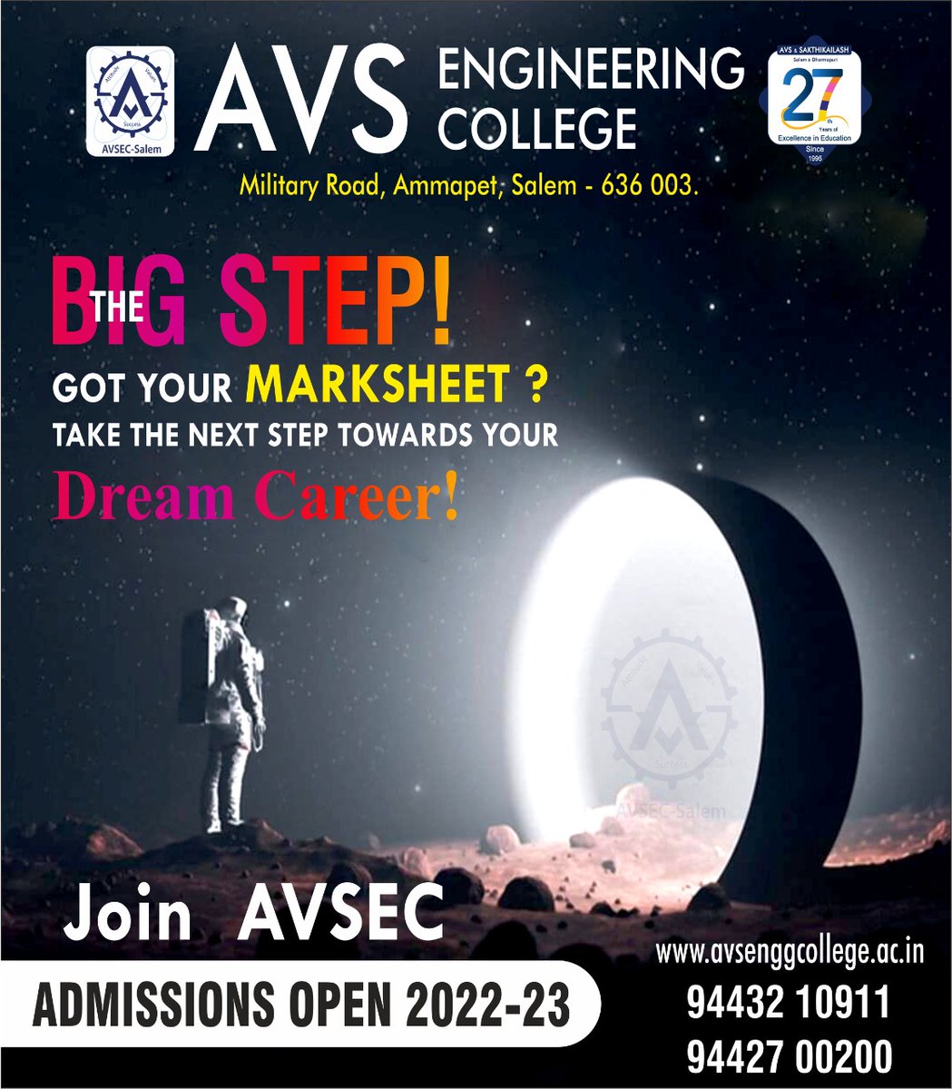 AvsSamuvel's tweet photo. *AVS ENGINEERING COLLEGE*

THE BIG STEP!
Got Your Marksheet?
Take the Next step Towards your Dream Career!

Admission Open 2022-2023

*For enquiry fill the form below:*
https://t.co/T1OxiFFEkr 

#Topengineeringcollege #Top99thcollege
#avsec  #studyatavsec
#counsellingcode2636 https://t.co/h5QaTnyDJU