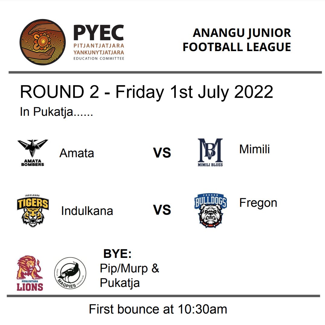 PYECAC's tweet image. wai tjitji kulitja tjuta 👋🏾

AJFL Round 2 this Friday 1st of July at Pukatja Oval 10:30am. 
We can&apos;t wait to see you all there. Palya