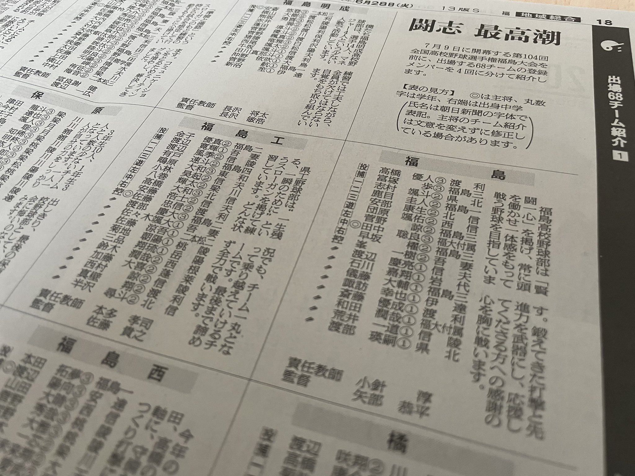 朝日新聞福島総局 福島大会 の開幕を前に今日から朝日新聞福島版では 出場する68チームのメンバー表と主将によるチーム紹介を掲載します 1回目の今日は県北 県中地区が中心です ４回にわたって紹介します 高校野球 甲子園 T Co H5wdhfakmj