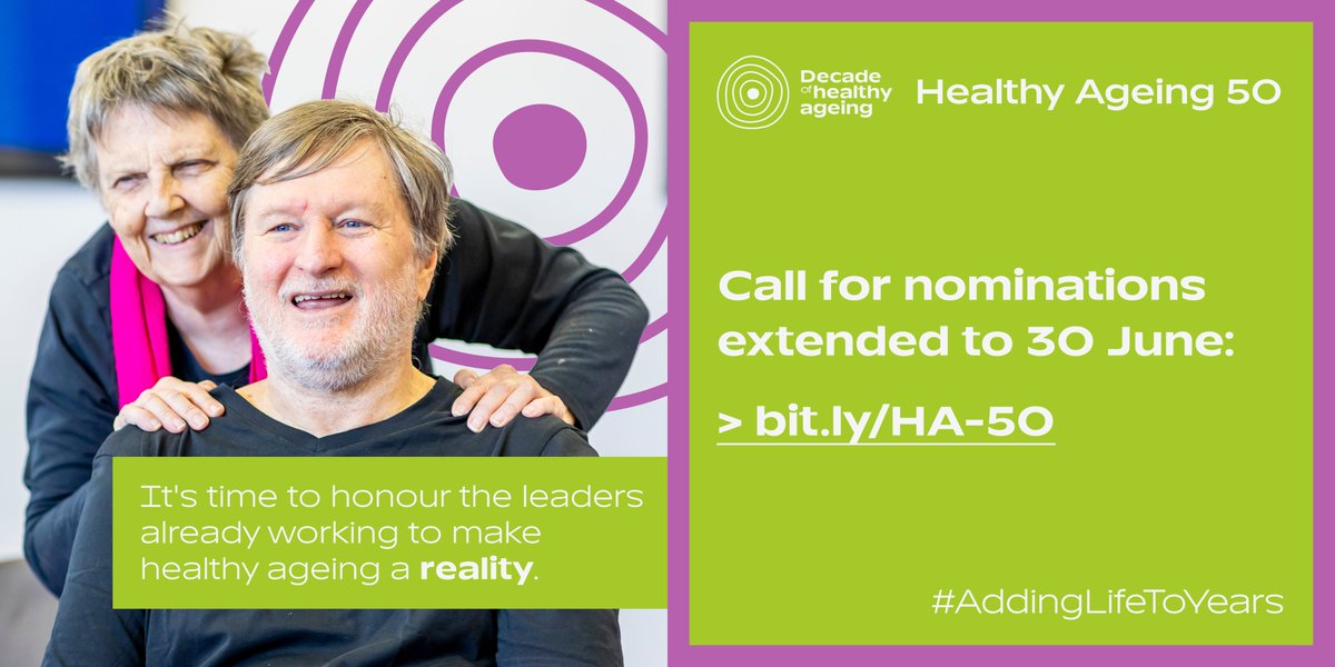 WHOWPRO's tweet photo. Around the world, inspirational people are working to #AddLifeToYears.
#HealthyAgeing50 is looking to name and honour 50 leaders who have contributed to fostering healthy ageing.
Nominate yourself or somebody by 30 June!
Learn more: https://t.co/bv3qcvdI1D https://t.co/Yyy7EEiY4N