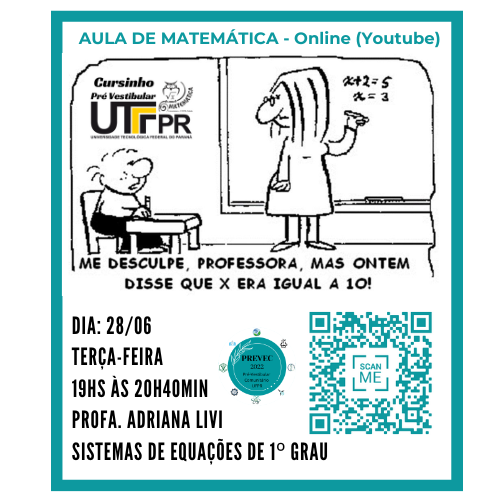 renatomerli's tweet photo. Aula de Matemática no PREVEC
Dia 28/06 - das 19hs às 20h40min
Profa. Adriana Livi
Sistemas de Equações de 1º Grau
#PREVEC
#UTFPRTD https://t.co/rP6elCQUxb