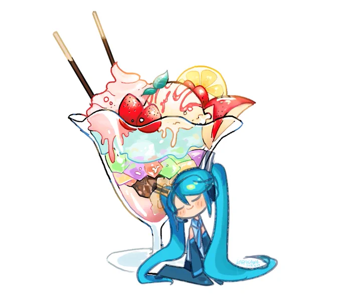 今日は #パフェの日 !という事で柄沢さんの作品をご紹介!キラキラ美味しそうなパフェ🍨に寄り添うちっちゃなミクさんがとてもキュートです(*'艸`*)♪【https://t.co/mtHDnX4kv6】 #piapro #初音ミク 