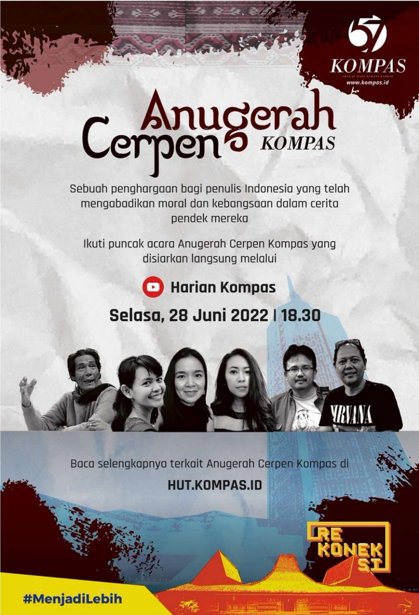 RizqiTurama's tweet photo. Kawan-kawan, malam ini ada anugerah cerpen _Kompas_. Acara akan ditayangkan secara langsung via youtube @hariankompas pada 18.30 WIB. https://t.co/PKG5ffG9k4. Sampai jumpa. https://t.co/Gz5KU7p46R