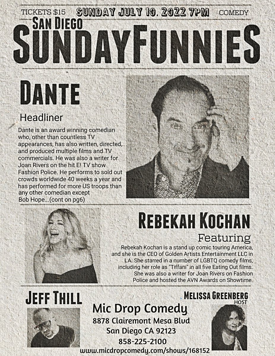 EmpireComedySD's tweet photo. SUNDAY, July 10th, SAN DIEGO, Join Melissa Greenberg Eric Gillman, Jeff Thill, Rebekah Kochan and international headliner DANTE for a hilarious night of comedy! DO NOT MISS OUT! Grab your tickets NOW!
https://t.co/iaVgZNuoeq
#micdropcomedy #Comedy #SanDiego #standupcomedy #Sunday https://t.co/obxe2H8Yju