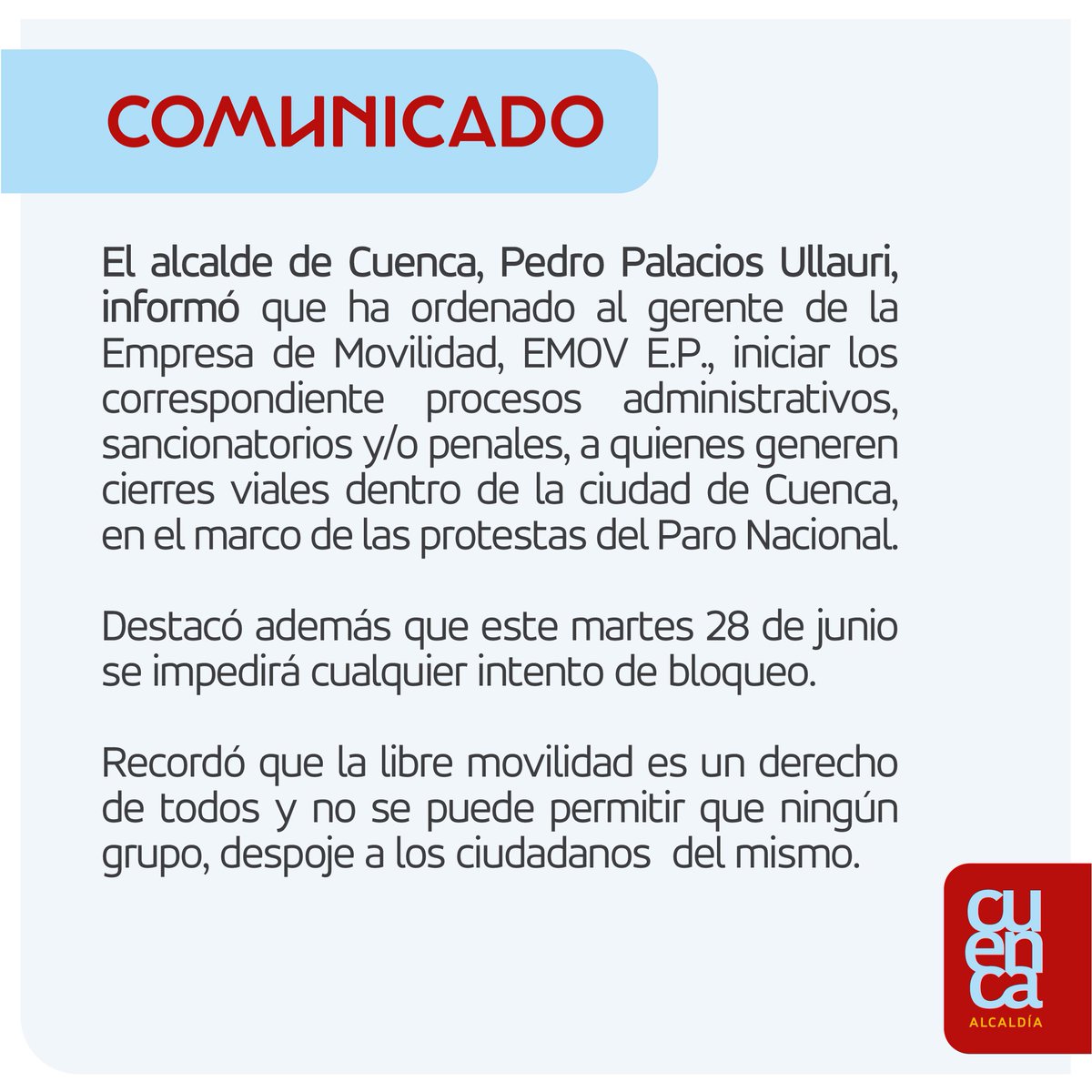 MunicipioCuenca's tweet photo. 🔴 Información importante https://t.co/3QrSs8gVdQ