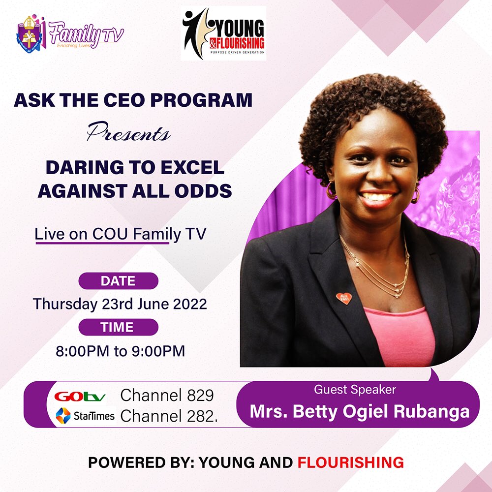 Join us this Thursday 30th June, 2022 at 8:00pm to 9:00pm as we host an amazing African lady <a href="/BettyOgiel/">Betty Ogiel</a> on <a href="/COUfamilytv/">COU Family TV</a> #AskTheCEO program to discuss #DaringToExcelAgainstAllOdds with @biito256 
#TransformingAfrica