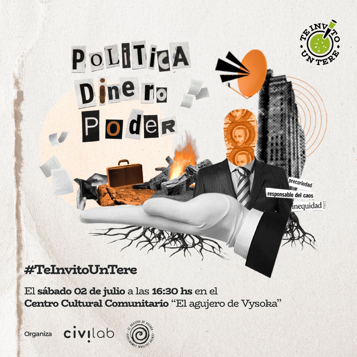 civilabsocial's tweet photo. Vuelven las rondas de tereré y las grande conversaciones! Este año hablamos de👉🏼Política, dinero y poder: ¿Cómo van a influir en las elecciones del 2023?🇵🇾 @TeInvitoUnTere

📍Este sábado nos encontramos a las 16:30hs en el Centro Cultural Comunitario "El agujero de Vysoka" https://t.co/cYb924bdoe