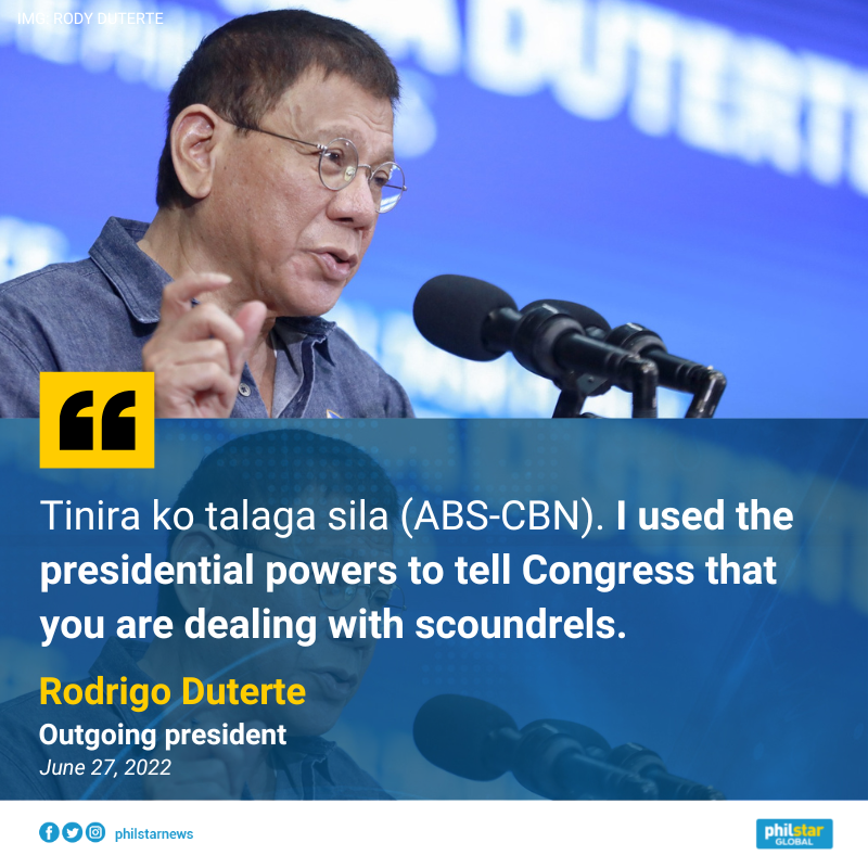 PhilstarNews's tweet photo. 'I USED THE PRESIDENTIAL POWERS...' 

Outgoing President Rodrigo Duterte admitted on Monday that he used his presidential powers to influence Congress in shutting down the franchise of ABS-CBN. https://t.co/22D7mu80uk
