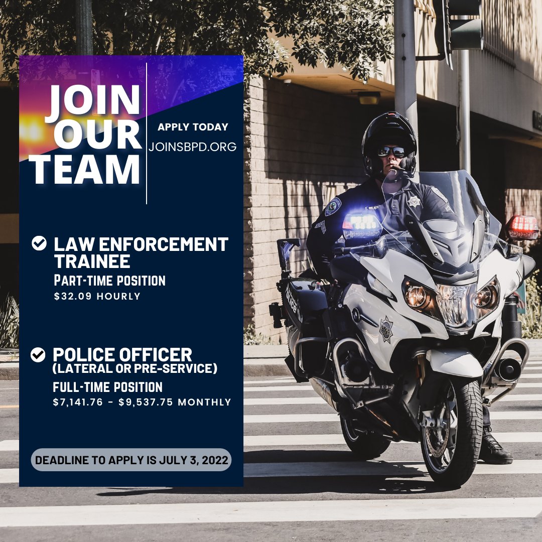 JOIN OUR TEAM!!

The San Bernardino Police Department is currently hiring laterals and Law Enforcement Trainees. If you are looking for excitement, action, and a place where you can make a difference, then you should join our team.

Apply today at joinsbpd.org
