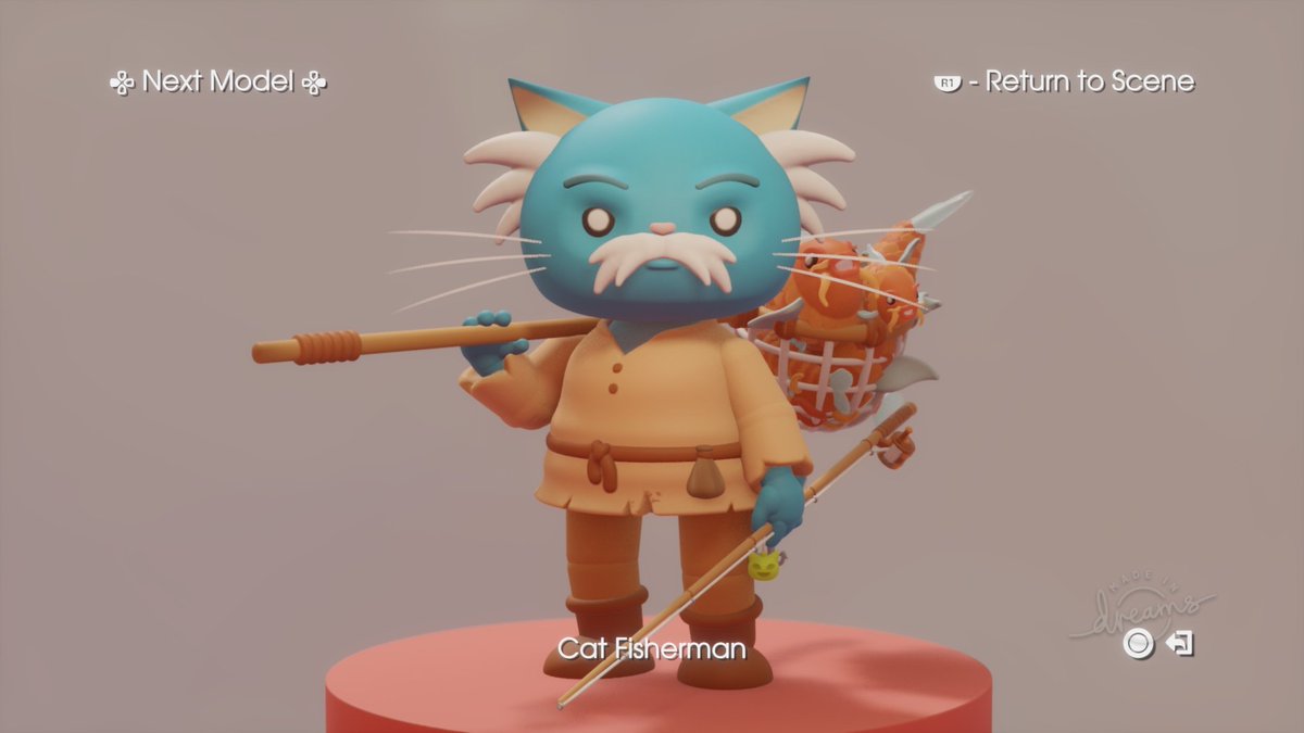 TimeSpentWhere's tweet image. I added a model viewer to my Dragon scene and I'm really pleased with how it turned out. The cute cat fisherman and his leaf shaped boat are my favourites. @mediamolecule #MadeInDreams #DreamsPS4 #3dart #characterdesign
