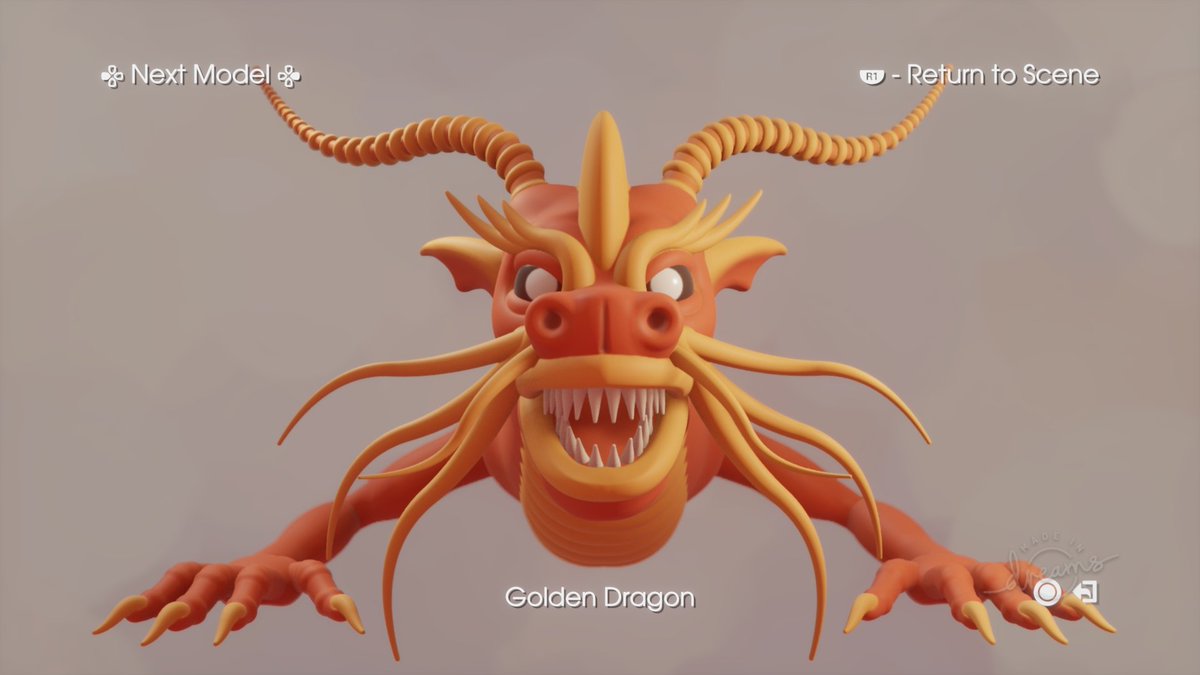 TimeSpentWhere's tweet image. I added a model viewer to my Dragon scene and I'm really pleased with how it turned out. The cute cat fisherman and his leaf shaped boat are my favourites. @mediamolecule #MadeInDreams #DreamsPS4 #3dart #characterdesign