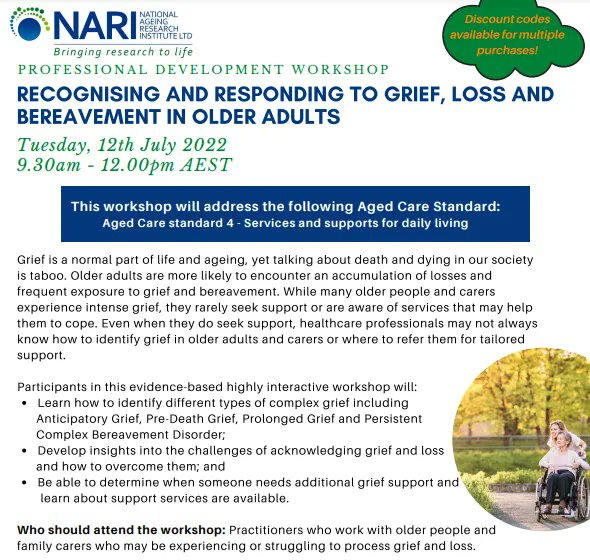 NARI (@nageingri) on Twitter photo Are you interested in learning more about the different types of #grief and acknowledging #loss and overcoming them? Details shown below!
📅12th July 9:30am-12pm AEST
📌buff.ly/3x6ZyGW
Featuring NARI researchers <a href="/kirstenmoore1/">Kirsten Moore</a> @DrKatrinGerber Are you interested in learning more about the different types of #grief and acknowledging #loss and overcoming them? Details shown below!
📅12th July 9:30am-12pm AEST
📌buff.ly/3x6ZyGW
Featuring NARI researchers <a href="/kirstenmoore1/">Kirsten Moore</a> @DrKatrinGerber