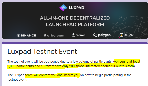 AirdropsCaptain's tweet photo. 📢 @LuxpadOfficial Testnet Event 📢
Complete the form to join the Luxpad #Testnet✍️
📄 Form: https://t.co/uChf54xCEj
The team will contact us for more details about the next steps👍
LFG 🏴☠️
#LXPD #Luxpad #Binance #Ethereum #Cronos #Polygon #PlatON https://t.co/mH3mV1Lf4k