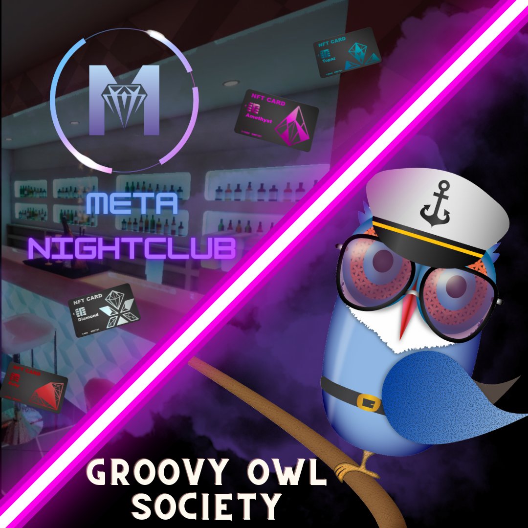 Meta NightClub X Groovy Owl Society Giveaway

15 x Meta NightClub WL Spots🎉
15 x Groovy Owl Society WL Spots 🎉

1. Follow @Meta_NightClub
  &amp; <a href="/GroovyOwls/">Jim. Q</a> 
 
2. Like &amp; RT &amp; Tag 3 friends
3. Join their Discords: 
discord.gg/metanightclub
discord.gg/ASz27kyv

Winners in 48hrs🎉