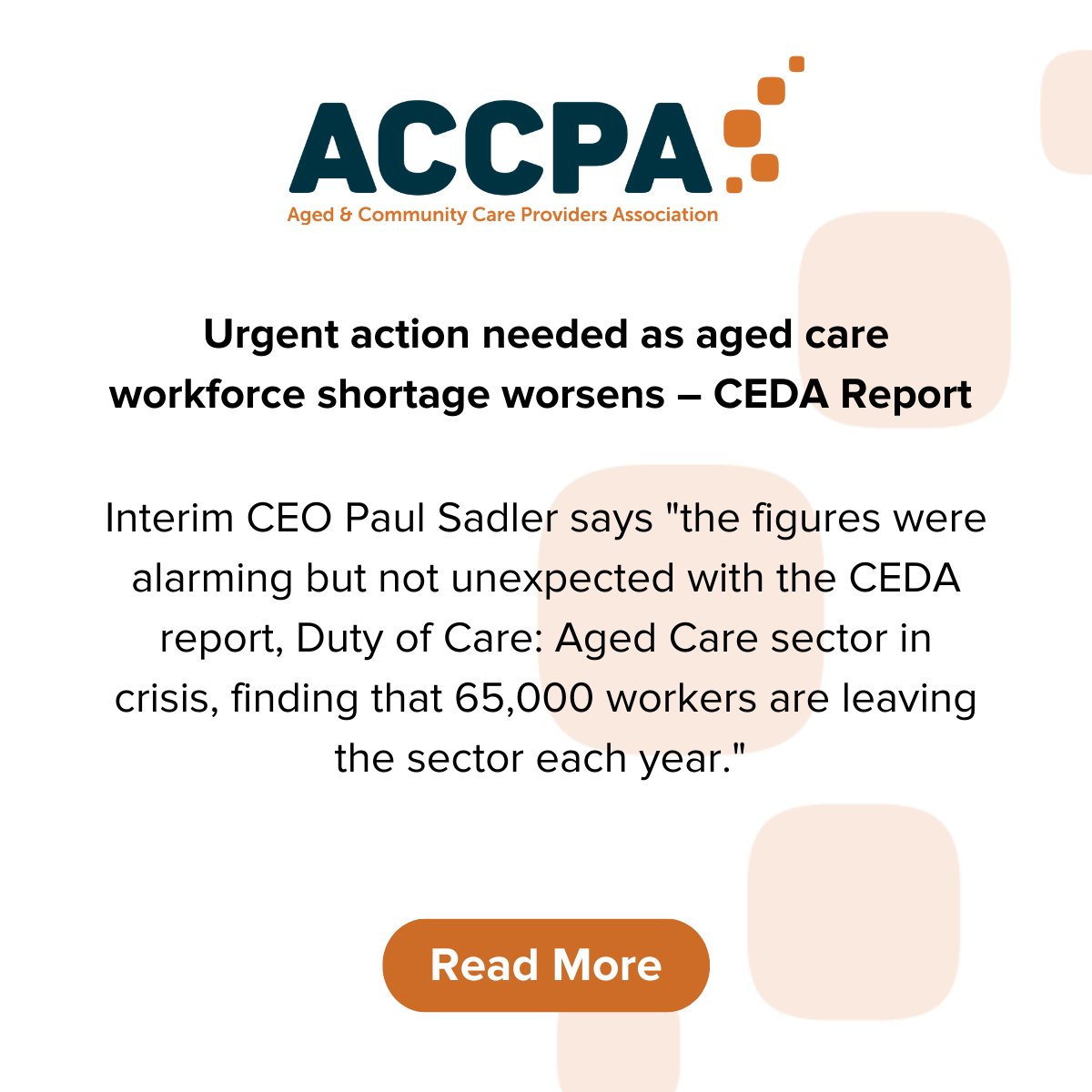 The urgent need to fix the #agedcare workforce crisis is greater than ever with a new Committee for Economic Development Australia report showing the annual worker shortage faced by providers has doubled to 35,000 because of the pandemic.
Read more &gt; bit.ly/3bwoX4y
