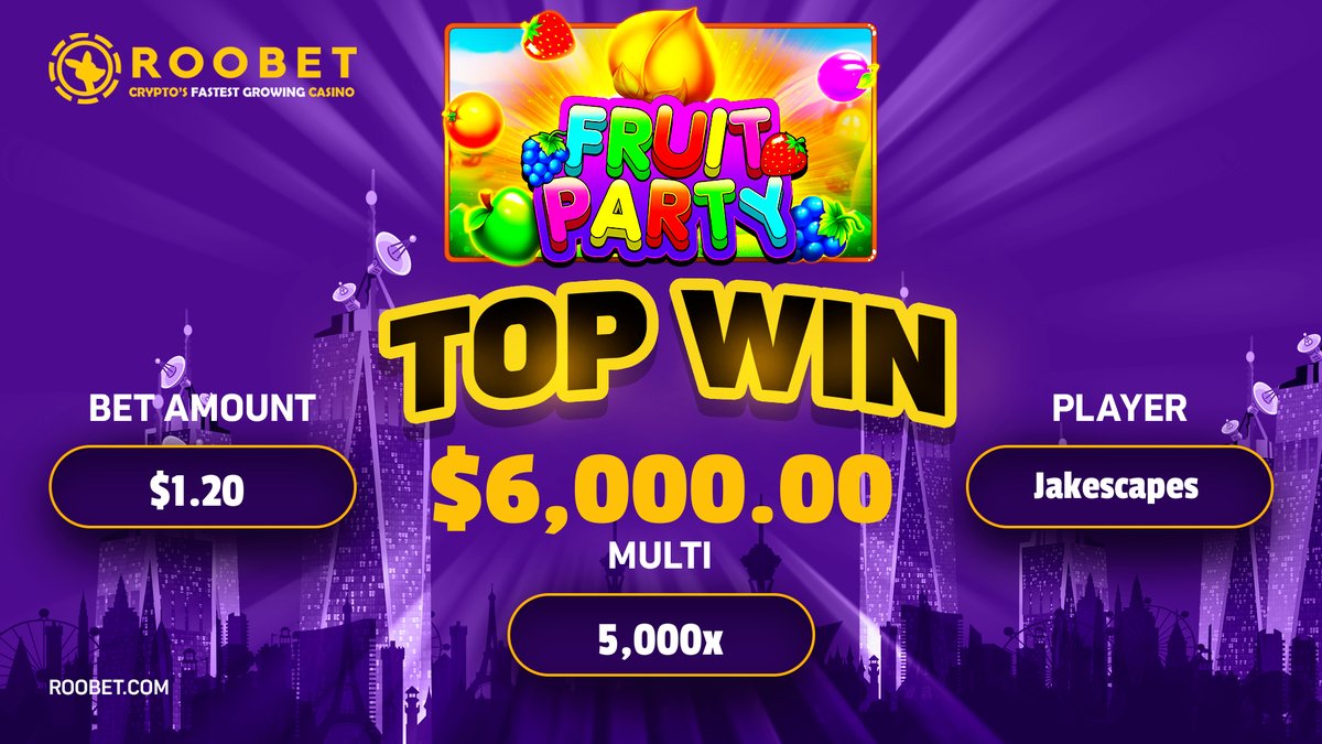 Roobet's tweet photo. $6,000 Was Just Won on Roobet!🥳

Congratulations to Jakescapes on a 5,000x Multiplier! 💰

Play Fruit Party Now: https://t.co/frdmtjf35c https://t.co/WkeTHQJcB1