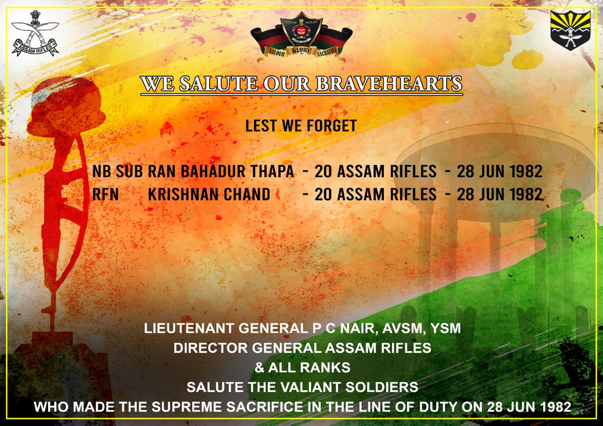official_dgar's tweet photo. #OnThisDay 
#LestWeForget 
Lt Gen PC Nair, AVSM, YSM, Director General #AssamRifles &amp; all ranks, salute the valiant soldiers who made the supreme sacrifice in the line of duty on 28 Jun 1982. @BharatKeVeer @HMOIndia @adgpi https://t.co/Pwvf3q9xii