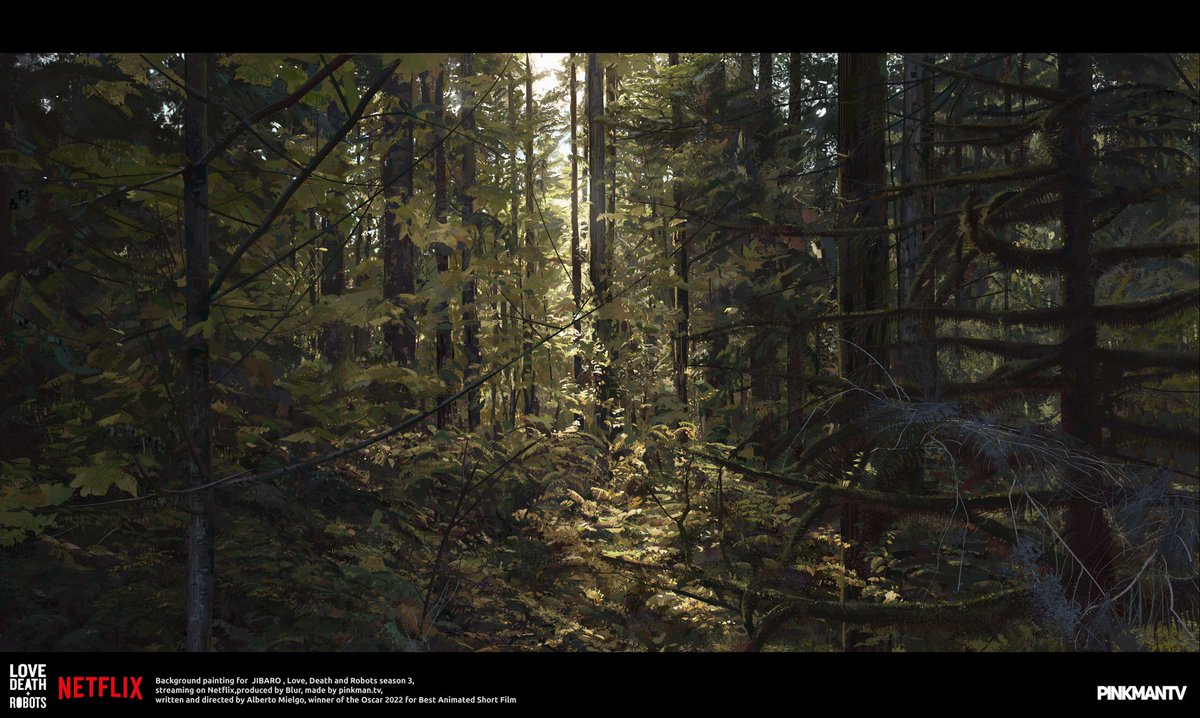 Background painting I did for JIBARO ,I was honoured to be part of the amazing team， Jibaro is a short film produced for LoveDeath and Robots season 3 ,streaming on Netflix produced by Blur ,made by pinkman.tv and written and directed by Alberto Mielgo