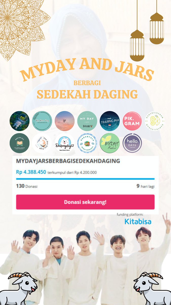 Halo Harudeul dan Jars. Wah, ga nyangka, dana udah terkumpul untuk beli 2 ekor kambing/domba loh. Donasi masih terus dibuka hingga waktu galang dana selesai yaa. Semoga nanti bermanfaat, terima kasih Myday, terima kasih Jars, sudah selalu spread positive vibes ke lingkungan 🍀
