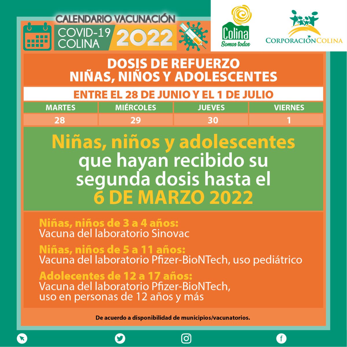 💉🏥🦠Vecinas y vecinos compartimos con ustedes el calendario de vacunación de esta semana! 
🕵️‍♂️Recuerde que puede encontrar esta y más información en corporacioncolina.cl
🏡Vea nuestros puntos de vacunación en el link bit.ly/3v0fJ6M
#vacuna #colinasomostodos #colina
