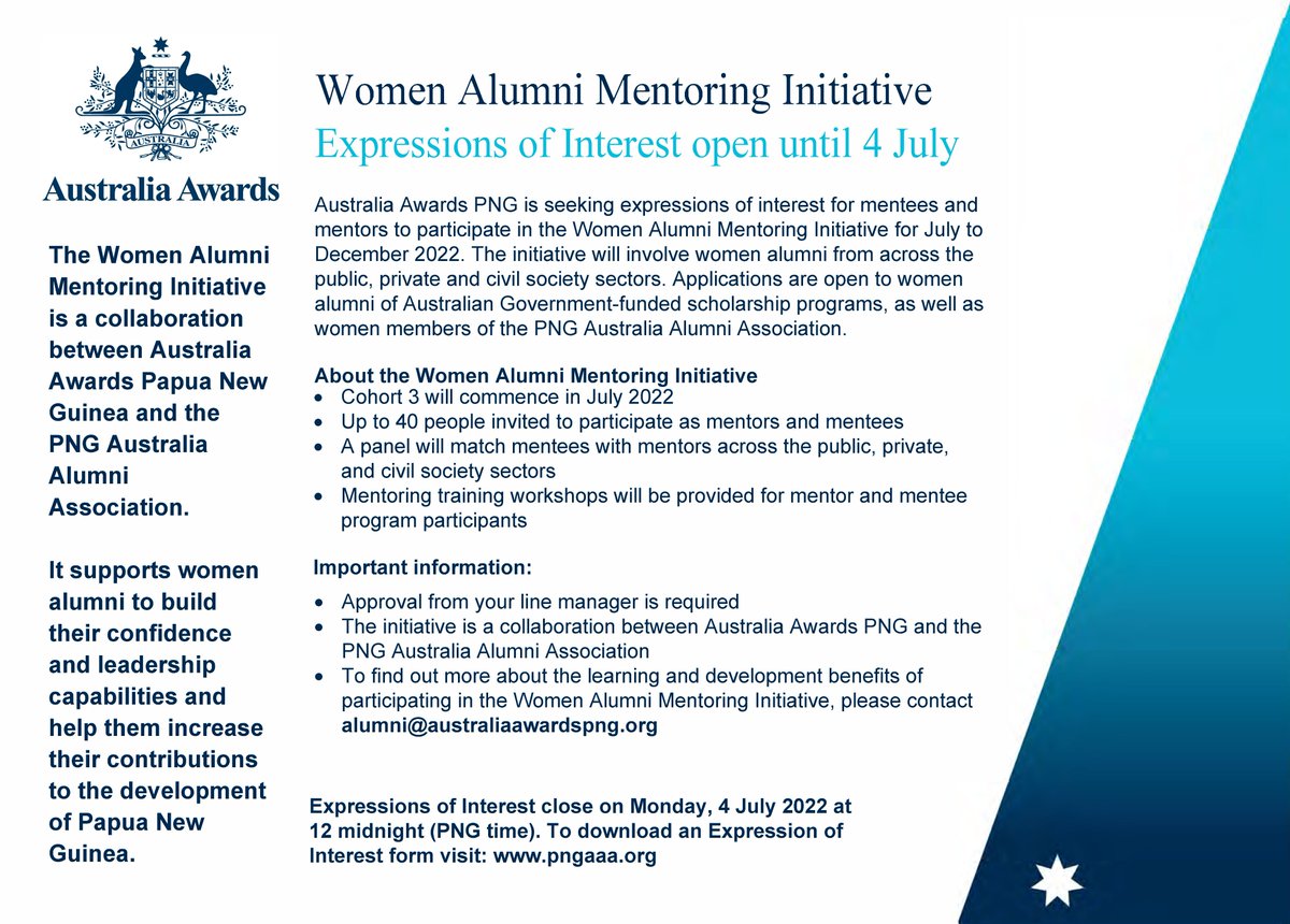 PngAusAlumni's tweet photo. Are you a woman alumni of Australian Government-funded scholarship programs or a woman member of #PNGAAA interested to apply for the Australia Awards in PNG Women Alumni Mentoring Initiative?

Download an EoI form: https://t.co/p8cRqnWh9B

Applications close on Mon 4 Jul 2022. https://t.co/ICMoE7JwMk