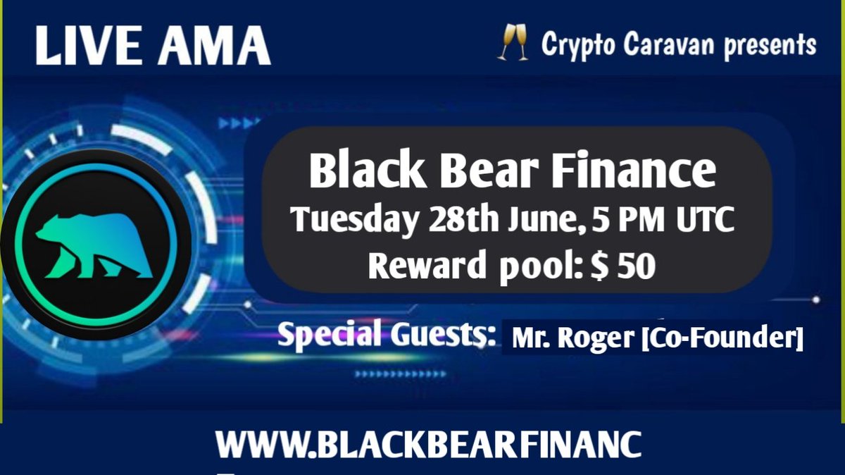 Crypto Caravan will host an AMA with Black Bear Finance 28th June 2022 at 05:00 PM UTC

💰Rewards Pool : $50

Venue 🏠: t.me/Crypto_caravan

Rules:
1⃣ Follow <a href="/Crypto_Caravan/">Crypto Caravan</a> &amp; @BlackBearFi
2⃣ Like &amp; Retweet
3⃣ Comment Questions &amp; Tag 3 Friends (max 3 questions)