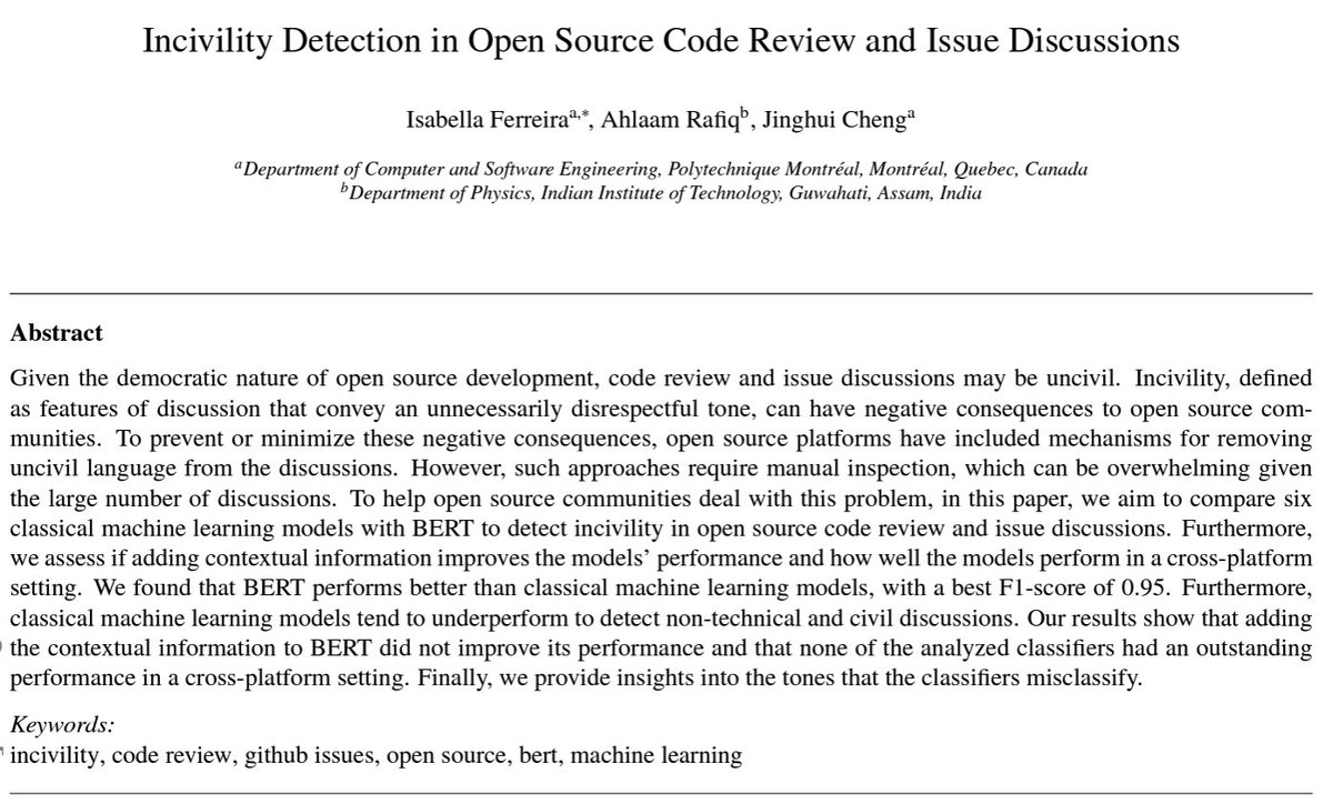 Interested in incivility detection in open source code review and issue discussions? Check out our paper @ arxiv.org/abs/2206.13429 #incivility #toxicity #opensource