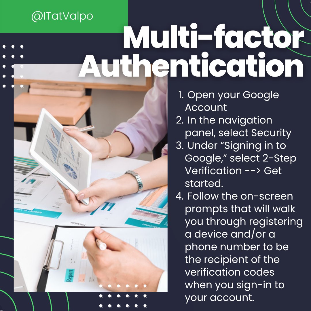 itatvalpo's tweet photo. Here is a friendly Monday evening reminder to be sure you set up MFA for your Valpo account! You can never be too careful when it comes to your school or personal data #MFAmonday #Safety https://t.co/SQn4WJsrUn