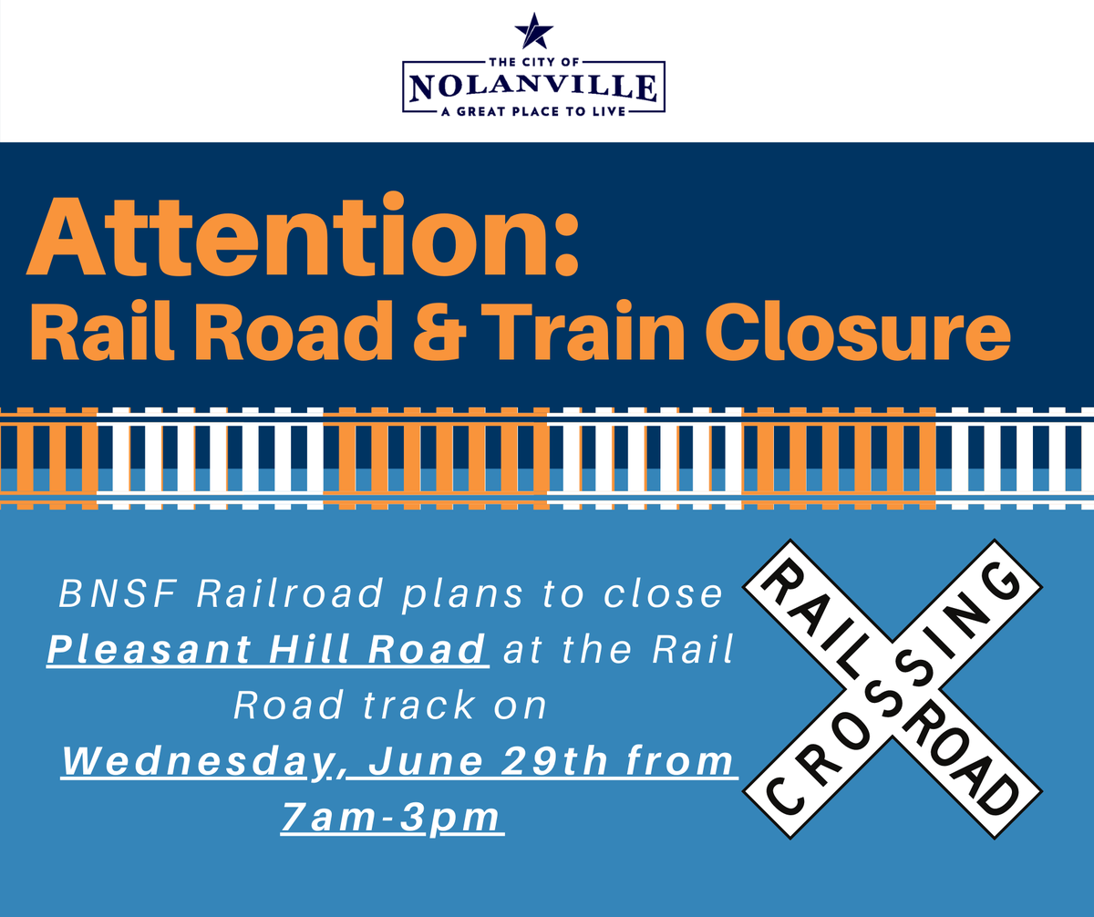 Pleasant Hill road will be closed at the track for BNSF to make repairs. The closure will be Wednesday, June 29th from 7 am to 3 pm. This is the only intersection to be closed. Please plan accordingly for morning and afternoon commutes.