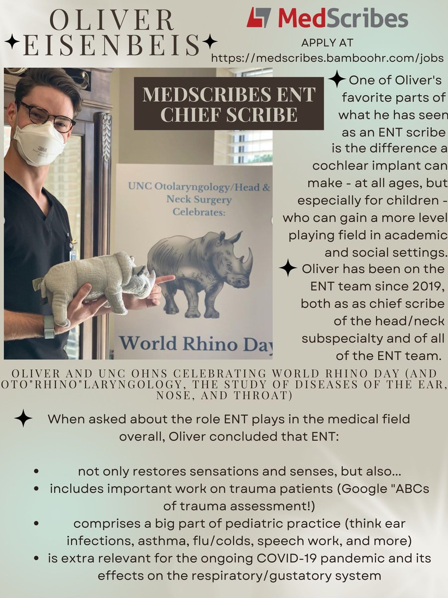 medscribes's tweet photo. We are highlighting @OEisenbeis, current chief scribe of MedScribes ENT. Read on for snippets from our interview and join any of our scribe teams at https://t.co/Y0sReDesal! https://t.co/KfyL4602m3