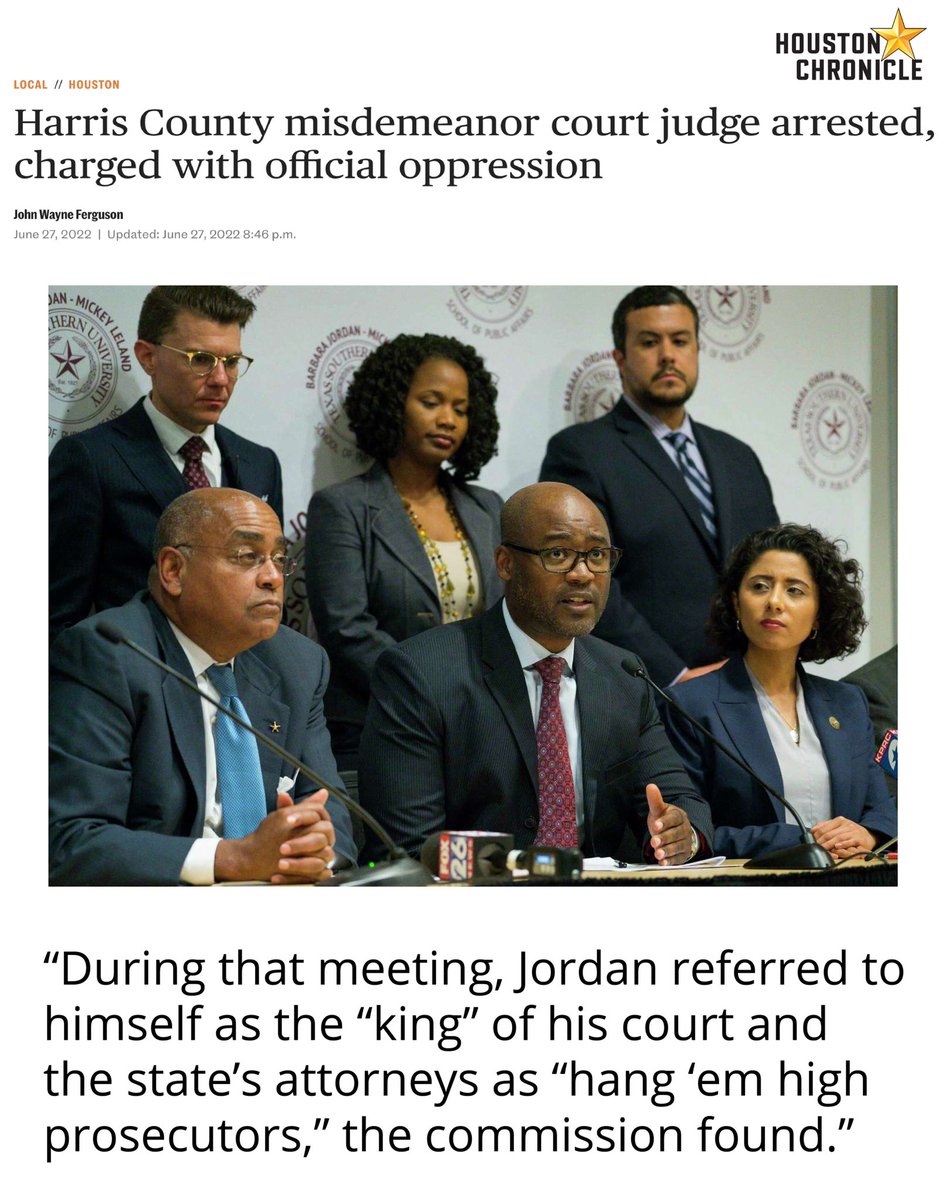 Jordan was one of the architects of our bail system and along with his buddies in the pic, is responsible for the public safety crisis in #HarrisCounty. Our public officials need to find their backbone and reject extremists like Judge Jordan. houstonchronicle.com/news/houston-t…