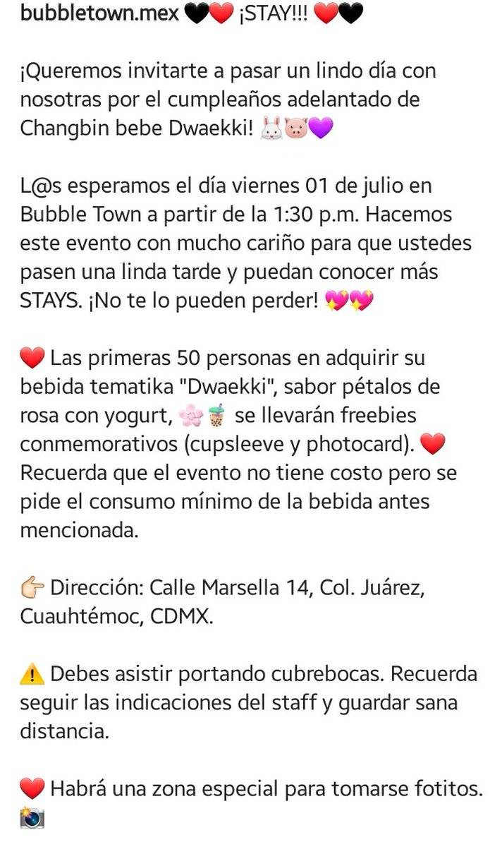 StationStay_Mx's tweet photo. ¡¡¡STAY de CDMX!!! 
En el establecimiento de @bubbletownmex se llevará a cabo el festejo del cumpleaños de #Changbin (adelanto) 

Si les es posible asistan... ojito en que habrá regalito para las primeras 50 personas. 

•Porten cubrebocas y acaten las reglas que dan. 
~Kary https://t.co/YZFsPEZKRC