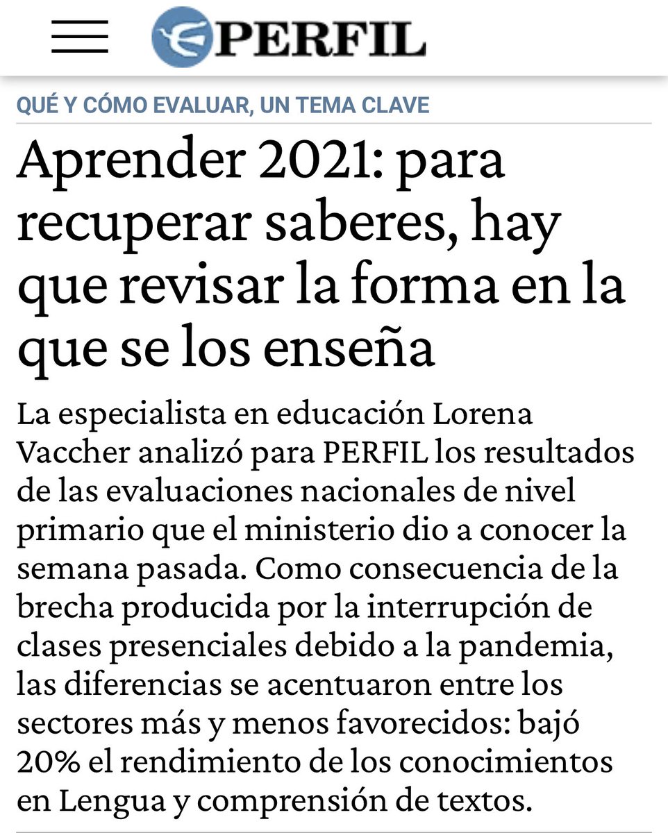 Cuando vemos los resultados de las evaluaciones Aprender, primero celebramos que haya datos, que podamos hacer un diagnóstico p pensar en acciones q logren revertir los resultados negativos. Los resultados evidencian lo importante que es aprender con otros, aprender a ser y hacer