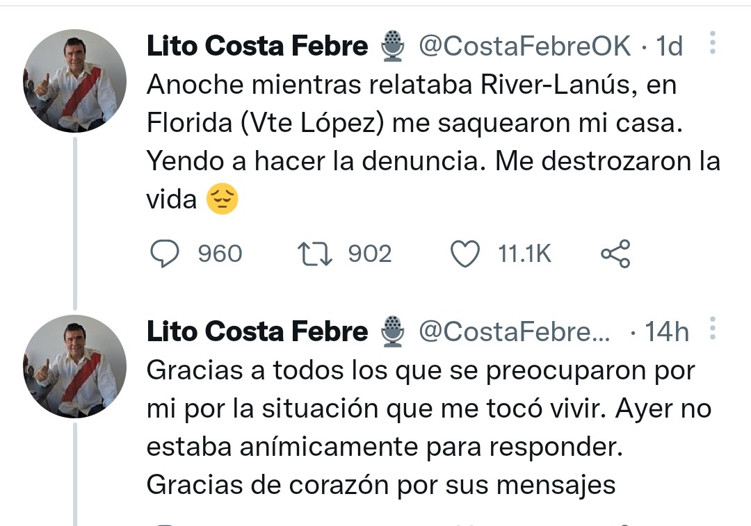 Ante los hechos de público conocimiento del robo al relator <a href="/CostaFebreOK/">Lito Costa Febre 🎙️</a> , la Agrupación River Resurge, se solidariza y expresa su acompañamiento para lo que el mismo necesite.

Abrazo Millonario a un amigo de la casa ⚪🔴⚪