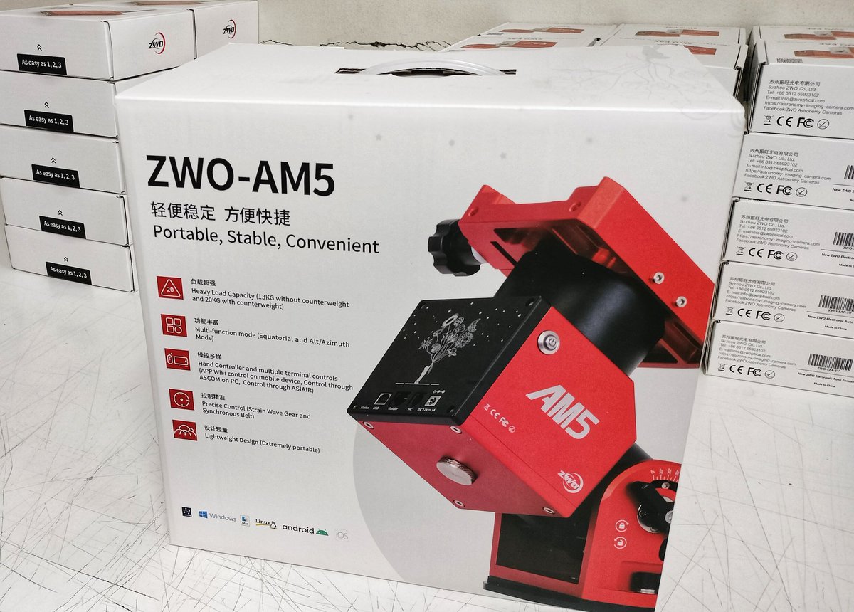 BintelShop's tweet photo. First ZWO-AM5 mounts arrived at BINTEL today and immediately sent out to the first few lucky customers who'd ordered one. We were amazed at how light such a powerful telescope mount is! #bintel #Astronomy #telescope @zwoasi #harmonicdrive https://t.co/W4fhRZaos3
