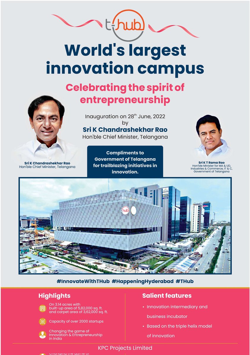 HiHyderabad's tweet image. #THub 
World&apos;s Largest Innovation Campus Inauguration Today! 

#HappeningHyderabad
#TriumphantTelangana