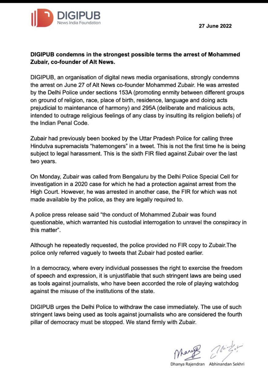 fayedsouza's tweet photo. The arrest of @zoo_bear is another attempt to intimidate and silence the media. This sort of intimidation should have no place in a democracy. Release @zoo_bear https://t.co/b9ynUJ1nE2