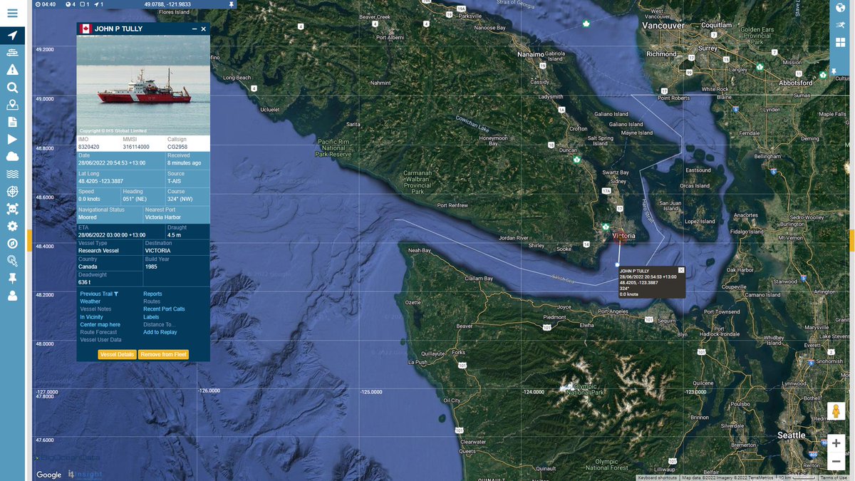 #OceanNetworksCanada #JohnPTully  The Tully is back in port in Victoria. #vesseltracking by @BigOceanData