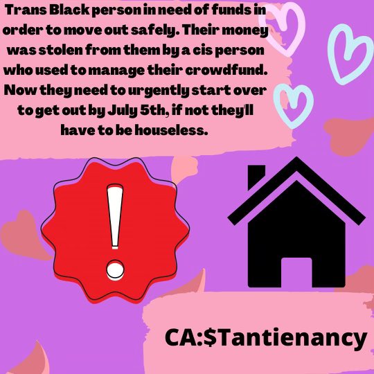 URGENT

My comrade, a Nigerian
transfem whose access to safe, secure and stable housing has been
jeaprodized by transphobic violence for over a vear after being outed needs to raise $2000 by the end of July to secure long term housing and avoid homelessness.