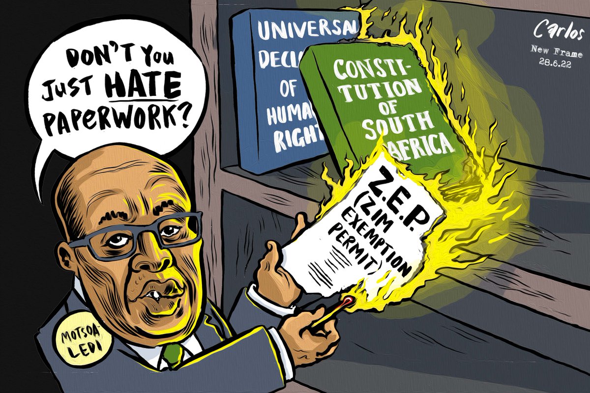 Today's <a href="/NewFrame_News/">New Frame</a> cartoon. The end of the Zimbabwe Exemption Permit leaves tens of thousands of Zimbabweans, many highly skilled, without a route to regularisation and at risk of deportation despite having built lives &amp; families in South Africa for the last 14 years