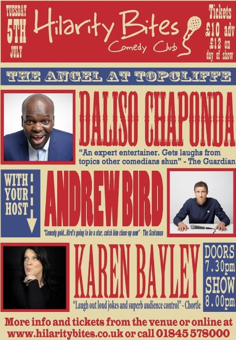 ‼️Upcoming Reminder‼️                           

📅 Tuesday 5th July 2022 📅

🤣 Comedy Night 🤣

🚪 Doors Open 7:30pm 🚪

🎤 Show Commences 8pm 🎤

Tickets available from hilaritybites.co.uk or by calling The Angel at Topcliffe on 01845 578000