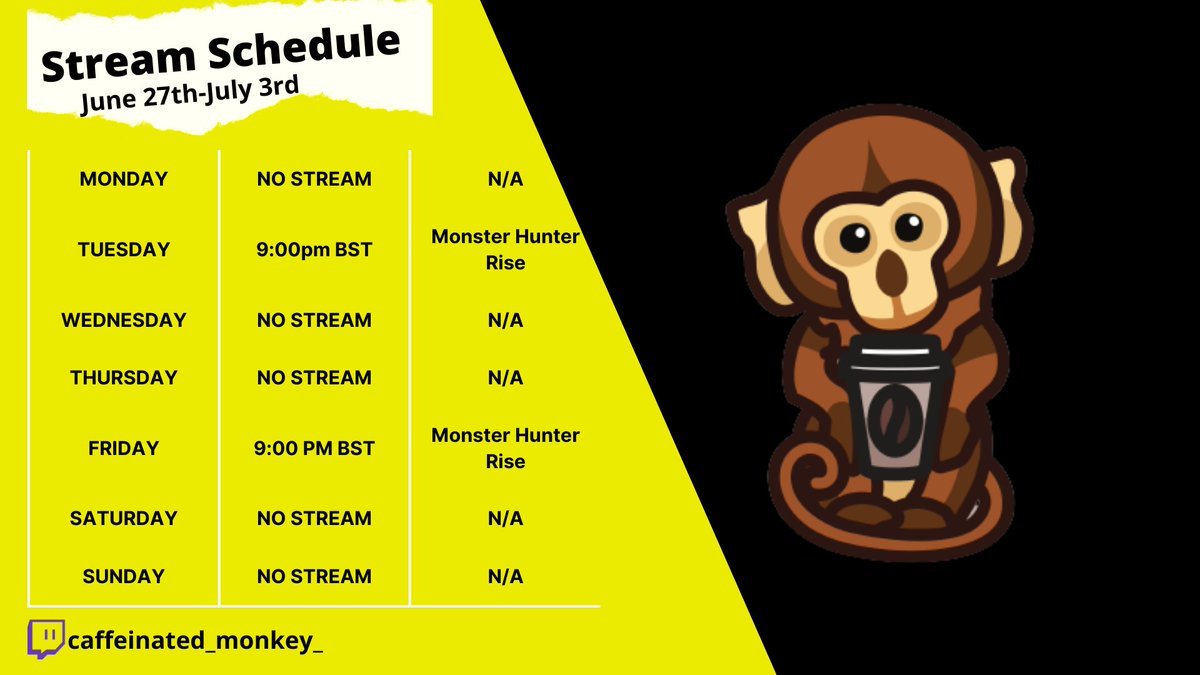 Caffeinated_Mon's tweet photo. #stream schedule for this week, been checked out lately. Lets try and get back into this! 😘 #MonsterHunterRiseSunbreak hype!

https://t.co/C0jud3lZ2p https://t.co/eQgbAz7Mwb