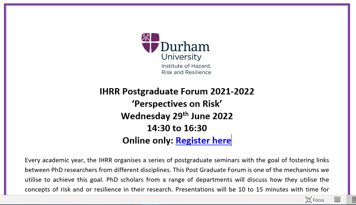 _IHRR's tweet photo. JOIN US! The @_IHRR presents the PG Forum: Perspectives on Risk, 29/06/22, 2:30pm - 4:30pm
The forum is an ideal opportunity to learn &amp; reflect on core issues related to risk &amp; resilience from across multiple disciplines. To register to join the event: https://t.co/P54e1od07a https://t.co/eyBhEyQIF1