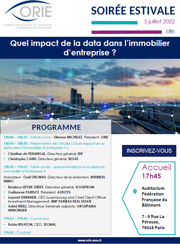 J-7
Le 5 juillet 2022 à 18h, l'ORIE présentera les résultats de son étude sur la data à la FFB. L'évènement sera suivi par un moment d'échanges autour d'un cocktail.
Inscription sur ce lien :orie.asso.fr/inscription_ma…
Plus que quelques places.
#data #immobilier #innovation