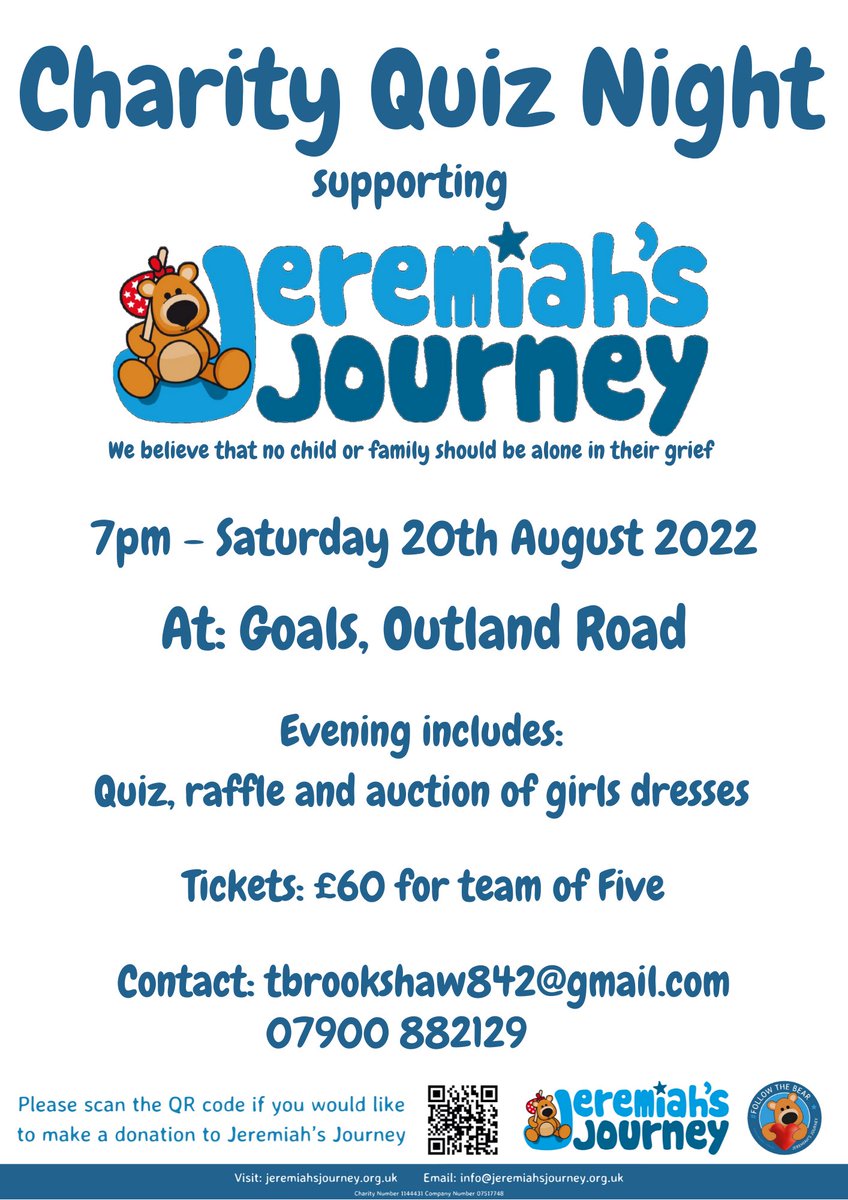 ⭐️Saturday 20th August⭐️

A charity quiz night is being hosted at 7pm at Goals, Outland Road.

The quiz will be followed by a raffle and an auction of some girls dresses.